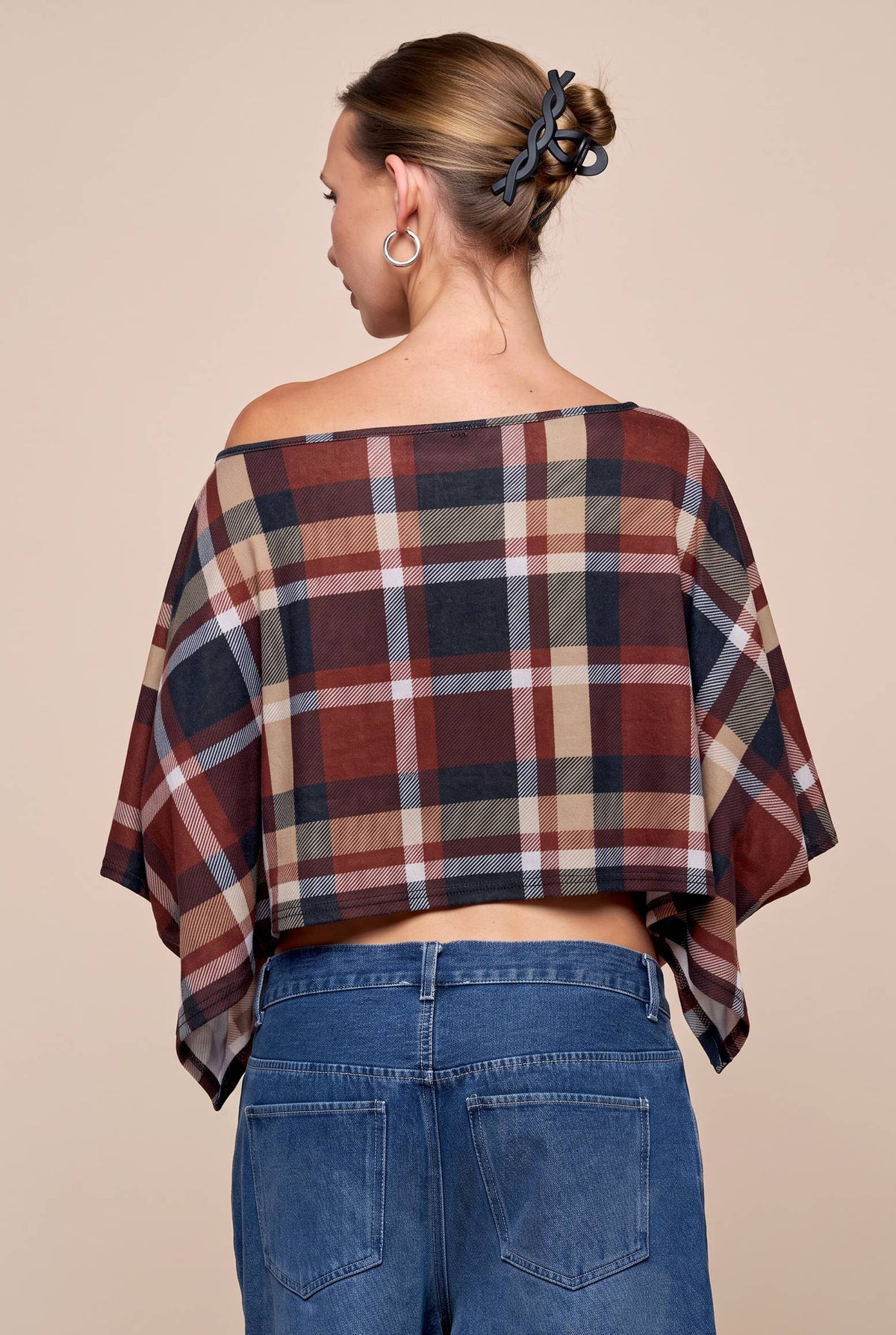 PLAID PONCHO: RUST MULTI / S