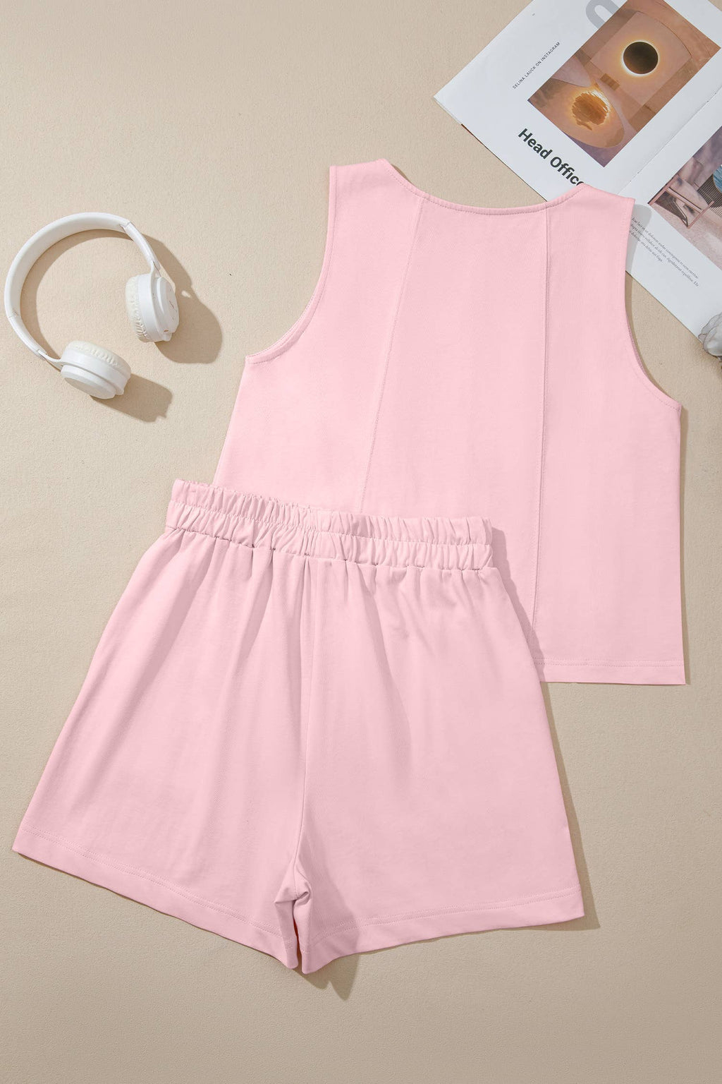 LAS Stitched Detail Loose Tank Top 2pcs Short Set (S-XL): Pink / S