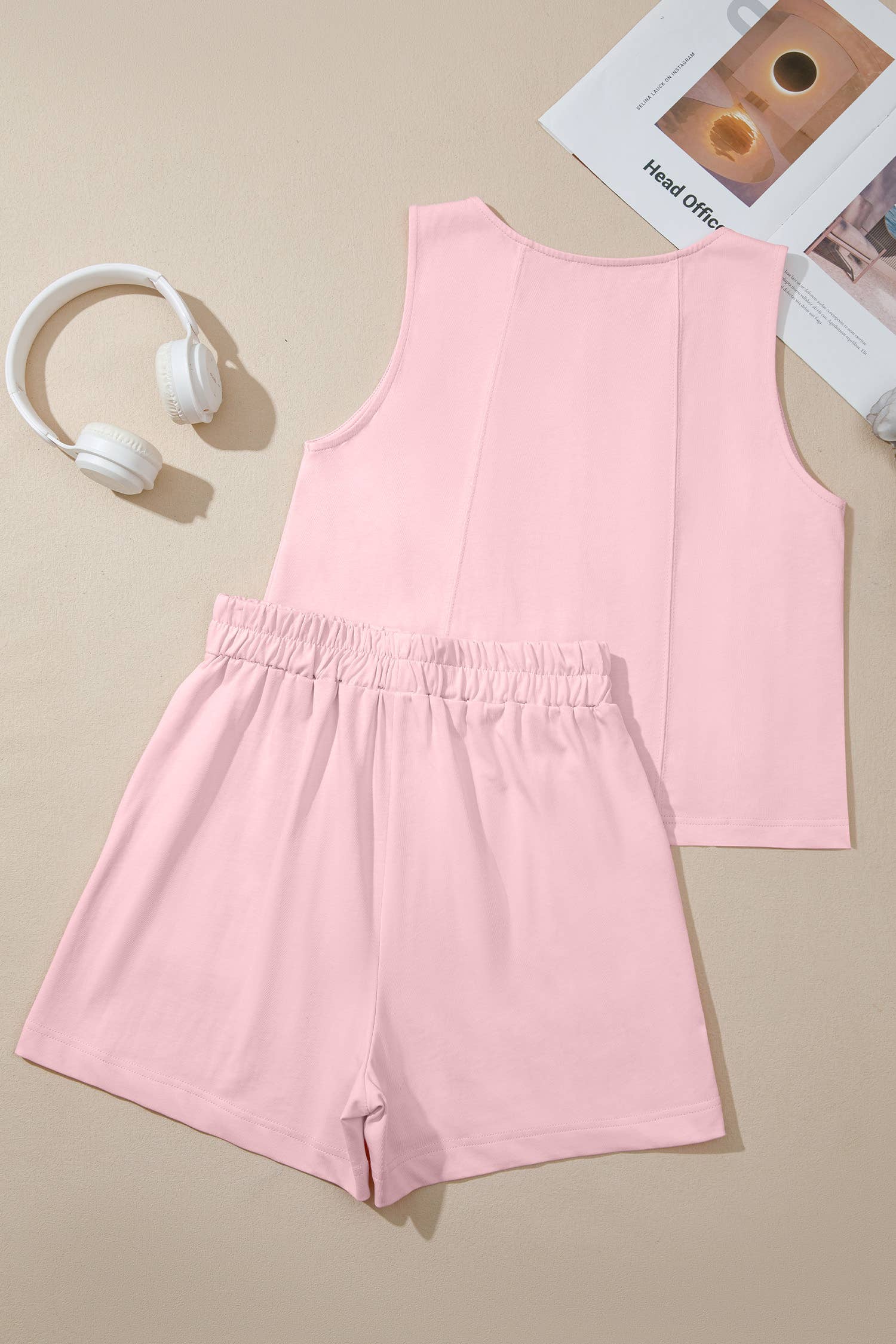 LAS Stitched Detail Loose Tank Top 2pcs Short Set (S-XL): Pink / S