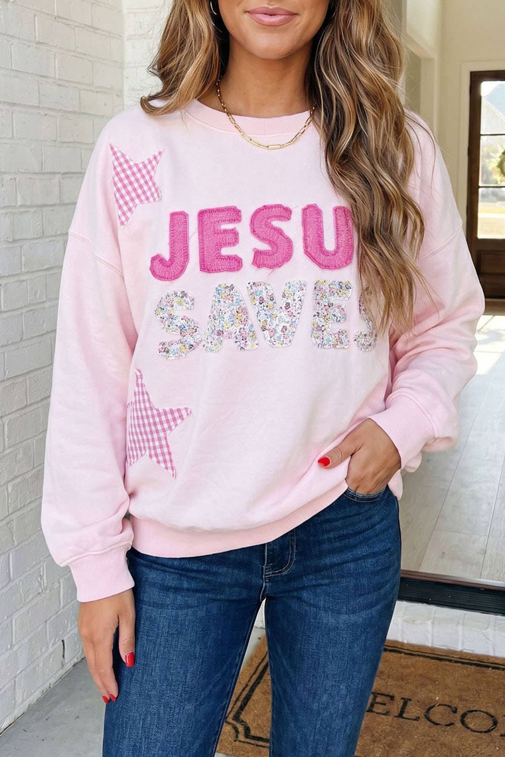 LAS Stars Patchwork Letters Baggy Sweatshirt (S-XL): Pink / S