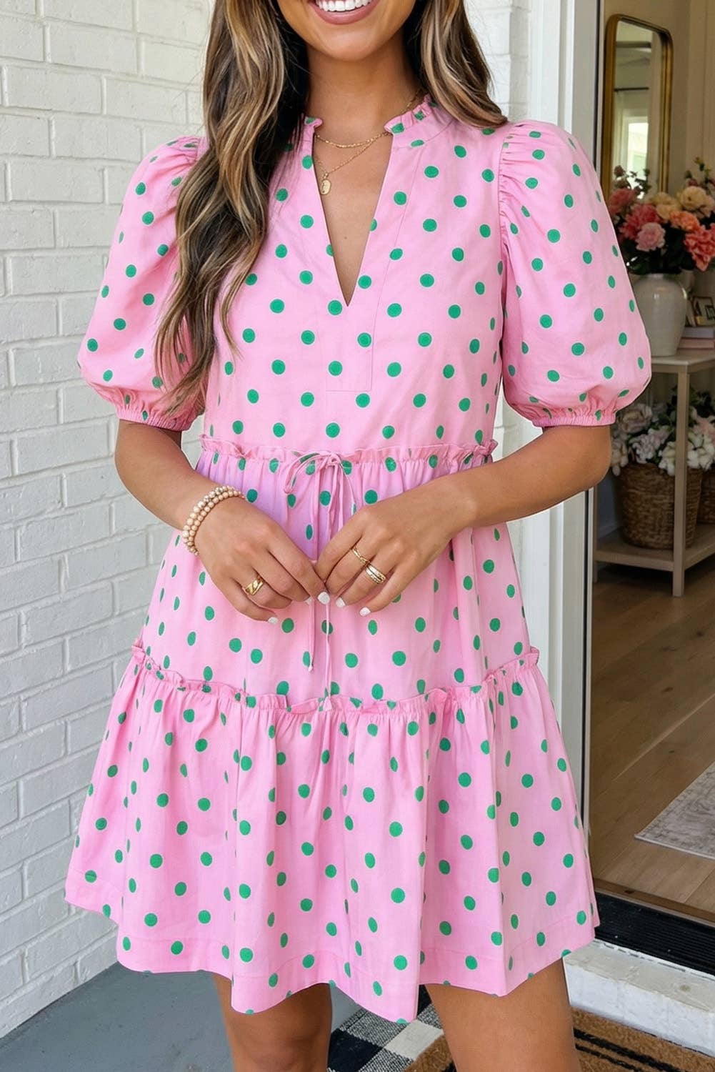 LAS Polka Dot Print V Neck Tiered Mini Dress (S-XL): Pink / Missy / XL
