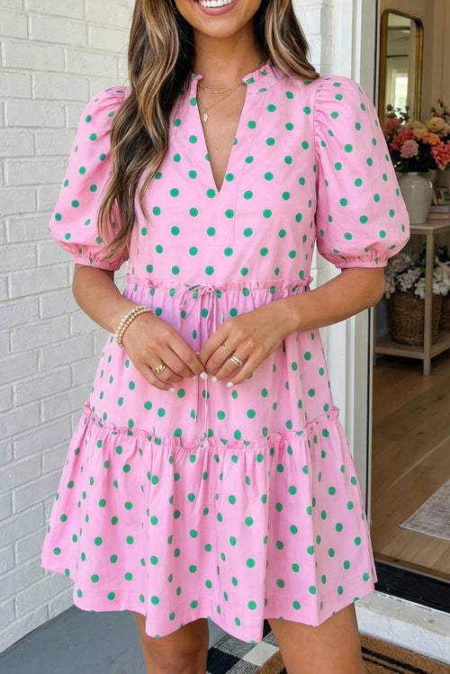 LAS Polka Dot Print V Neck Tiered Mini Dress (S-XL): Pink / Missy / L