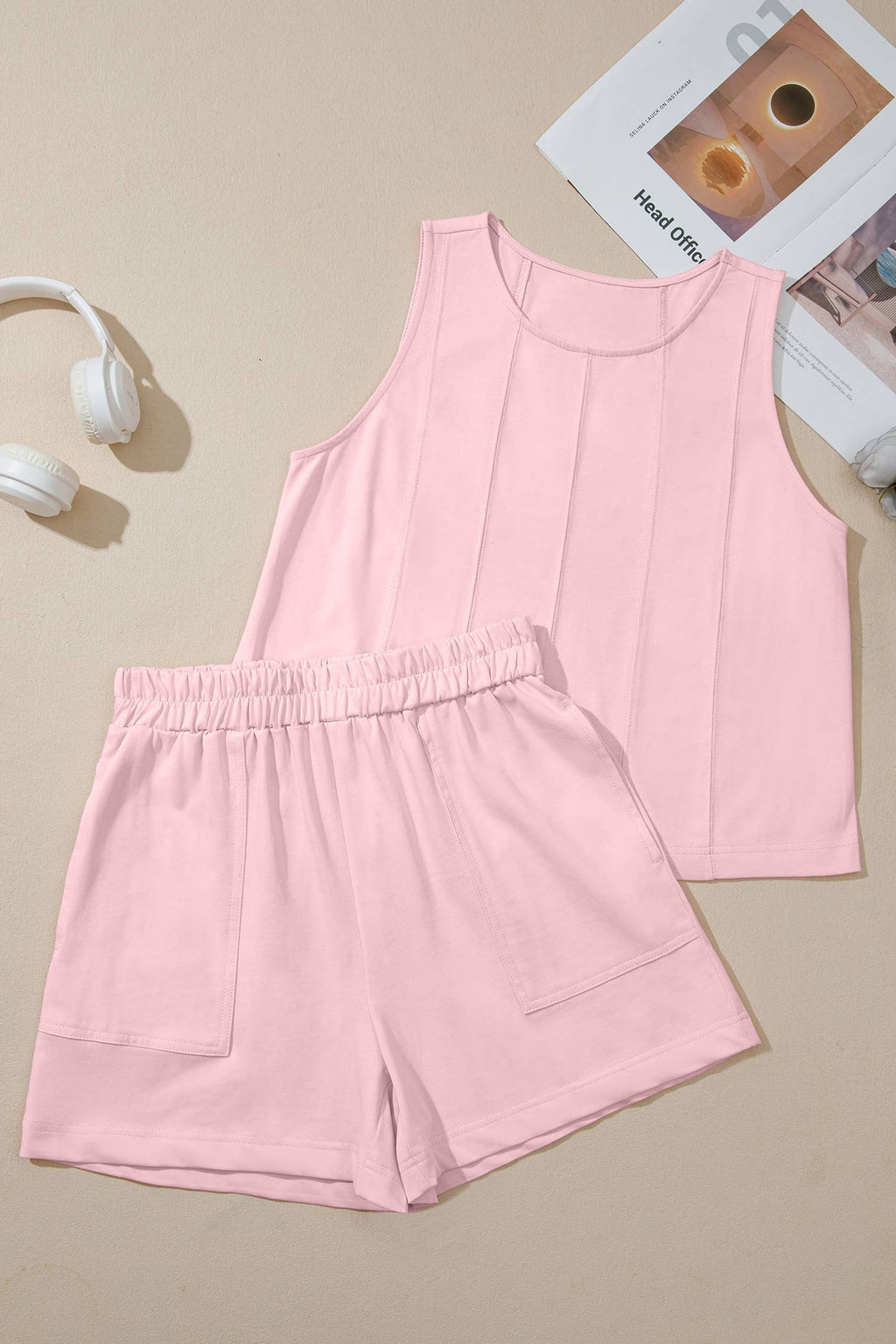 LAS Stitched Detail Loose Tank Top 2pcs Short Set (S-XL): Pink / XL