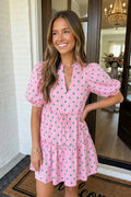 LAS Polka Dot Print V Neck Tiered Mini Dress (S-XL): Pink / Missy / XL