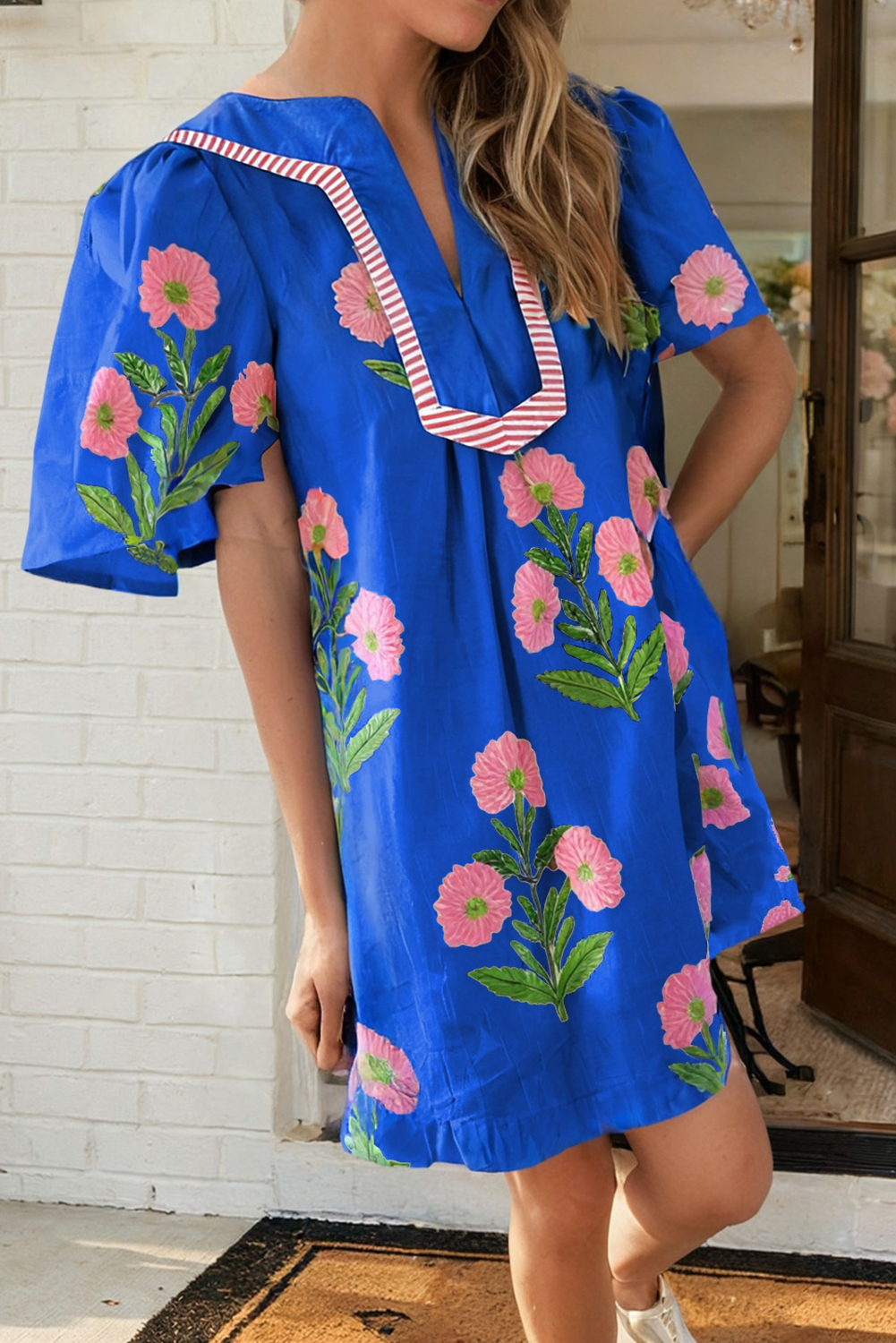 LAS Floral Short Sleeve Split Neck Loose Mini Dress (S-XL): White / Missy / L