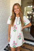 LAS Floral Short Sleeve Split Neck Loose Mini Dress (S-XL): White / Missy / L