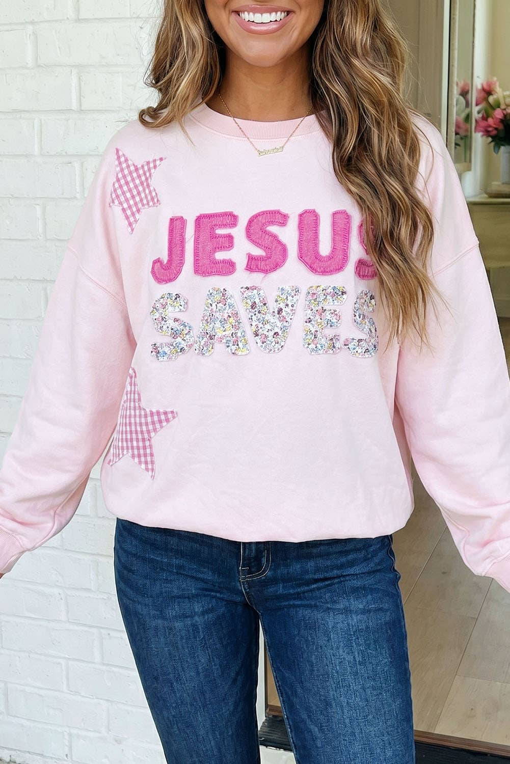 LAS Stars Patchwork Letters Baggy Sweatshirt (S-XL): Pink / L