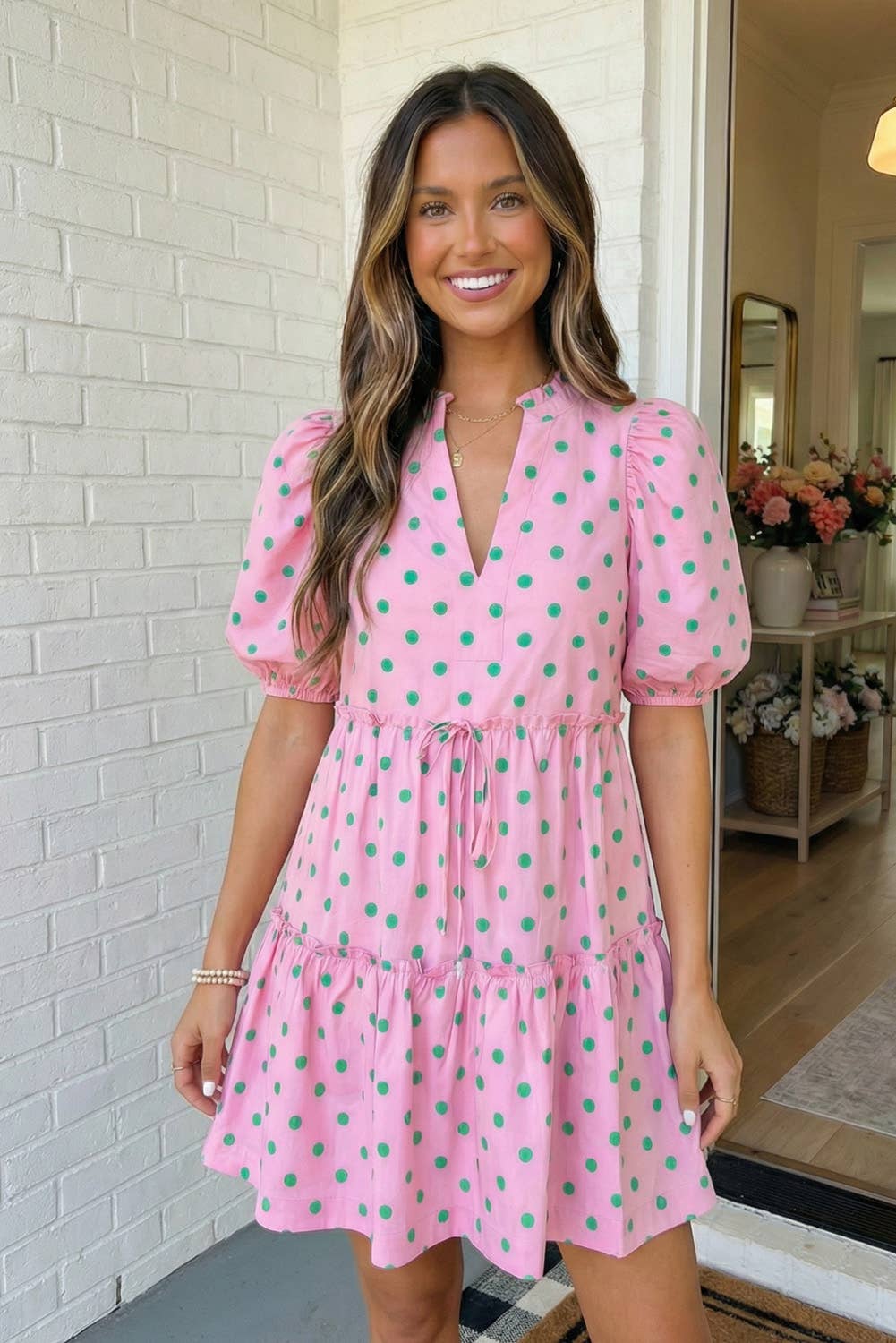 LAS Polka Dot Print V Neck Tiered Mini Dress (S-XL): Pink / Missy / XL