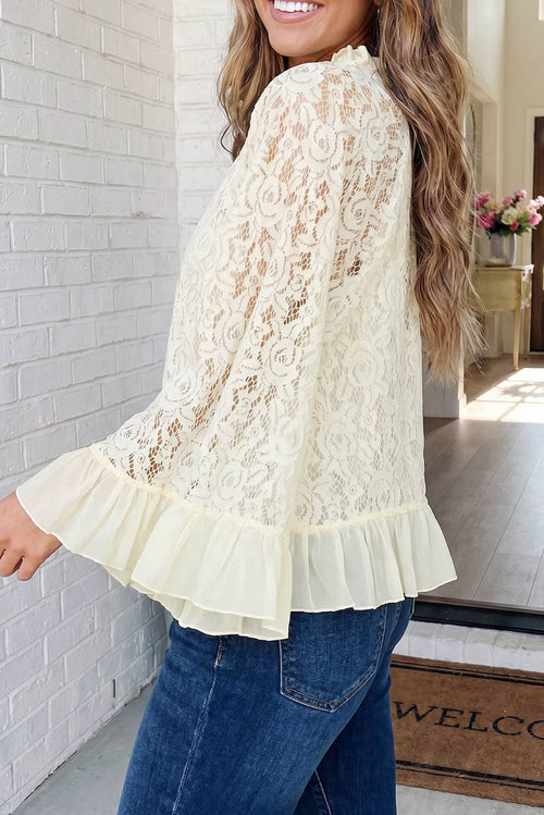 LAS Lace Patchwork Ruffle Trim Bell SLeeve Top (S-XL): White / L