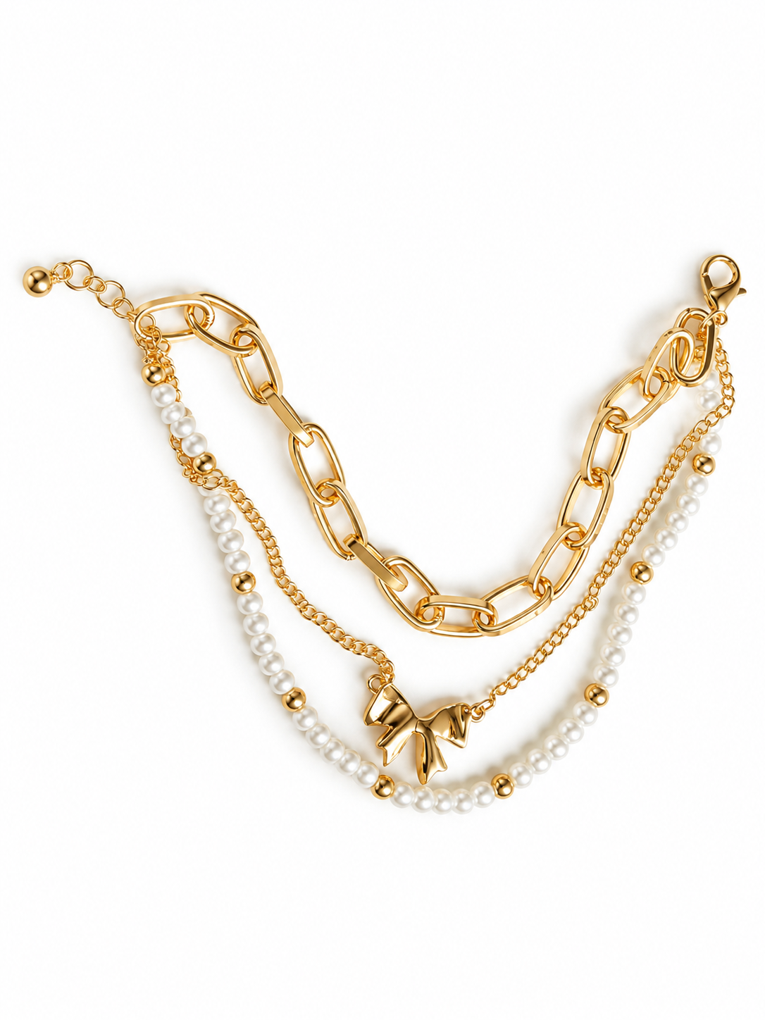 BOW PEARL LINK TRIO SET BRACELETS