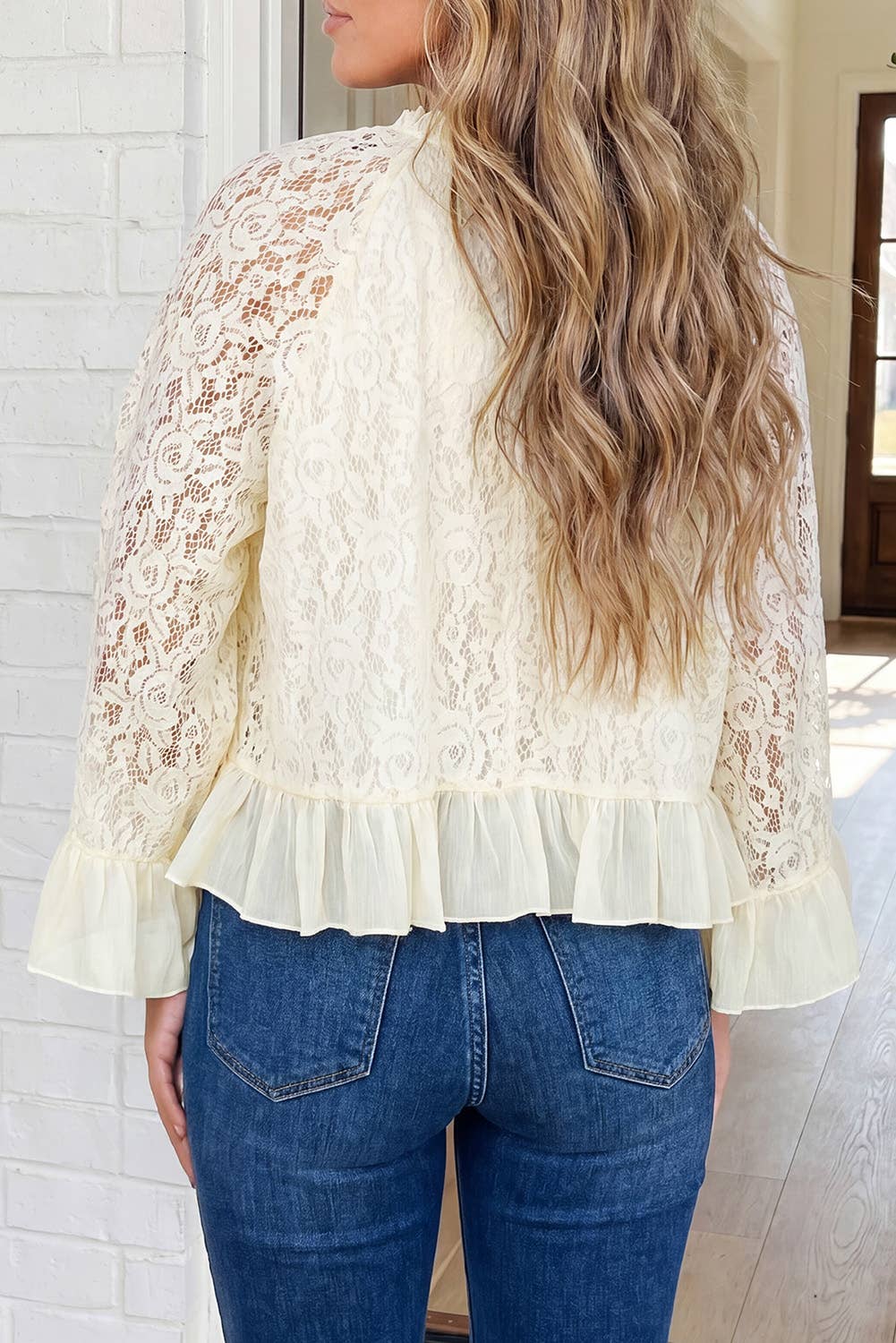 LAS Lace Patchwork Ruffle Trim Bell SLeeve Top (S-XL): White / L