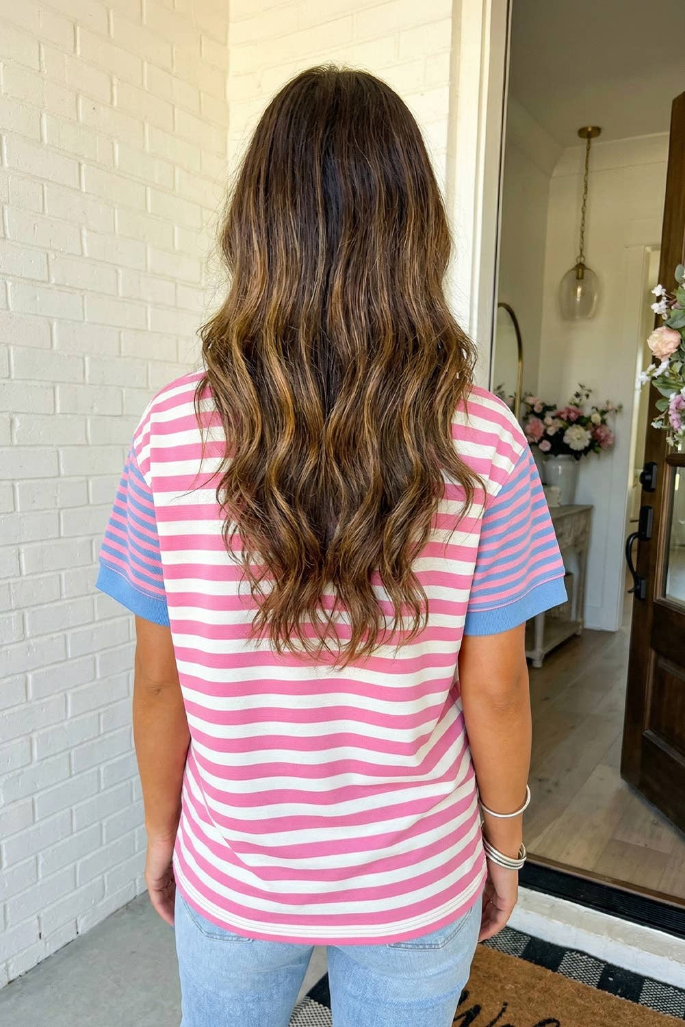 LAS Stripe Contrast Crew Neck Tee (S-XL): Pink Stripe / Missy / M