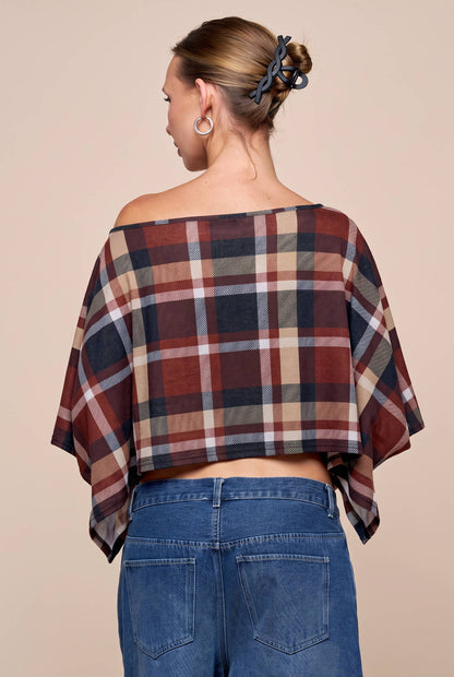 PLAID PONCHO: RUST MULTI / S