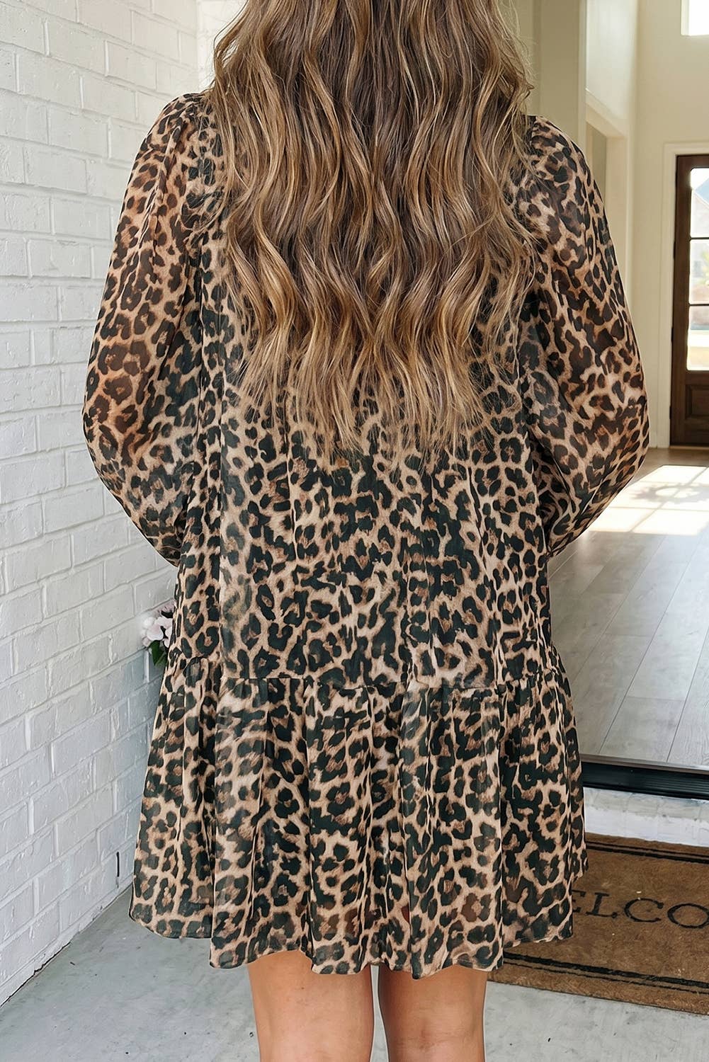LAS Western Leopard Bubble Sleeve Mock Mini Dress (S-XL): Brown / XL