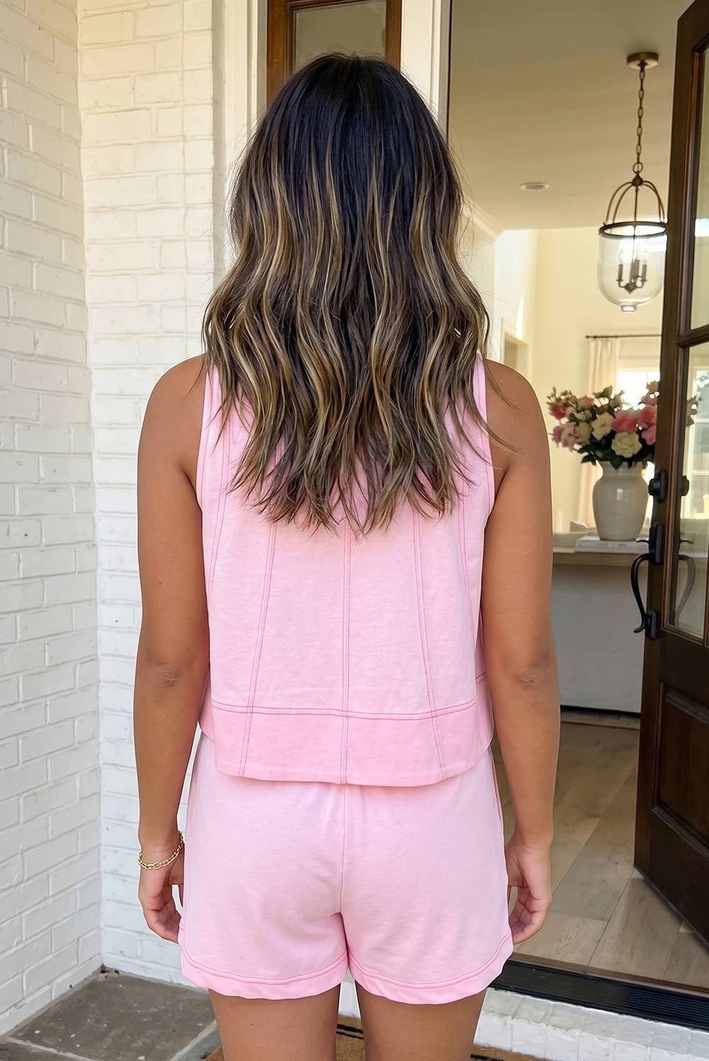 LAS Stitched Detail Loose Tank Top 2pcs Short Set (S-XL): Pink / L