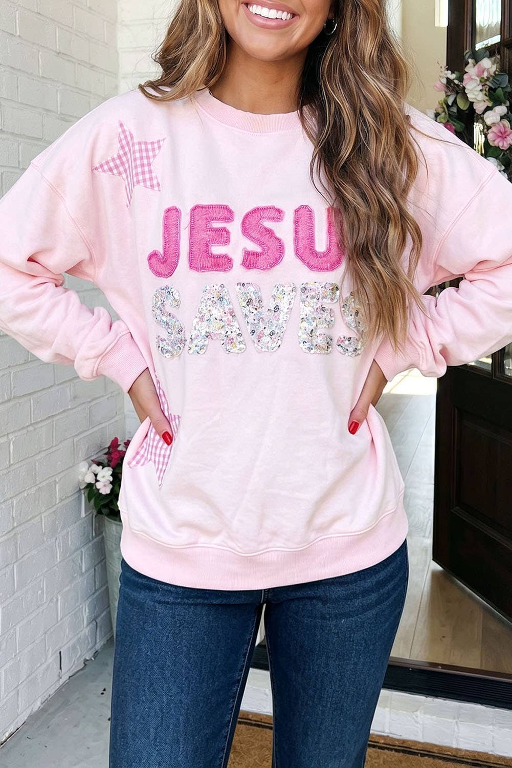 LAS Stars Patchwork Letters Baggy Sweatshirt (S-XL): Pink / S