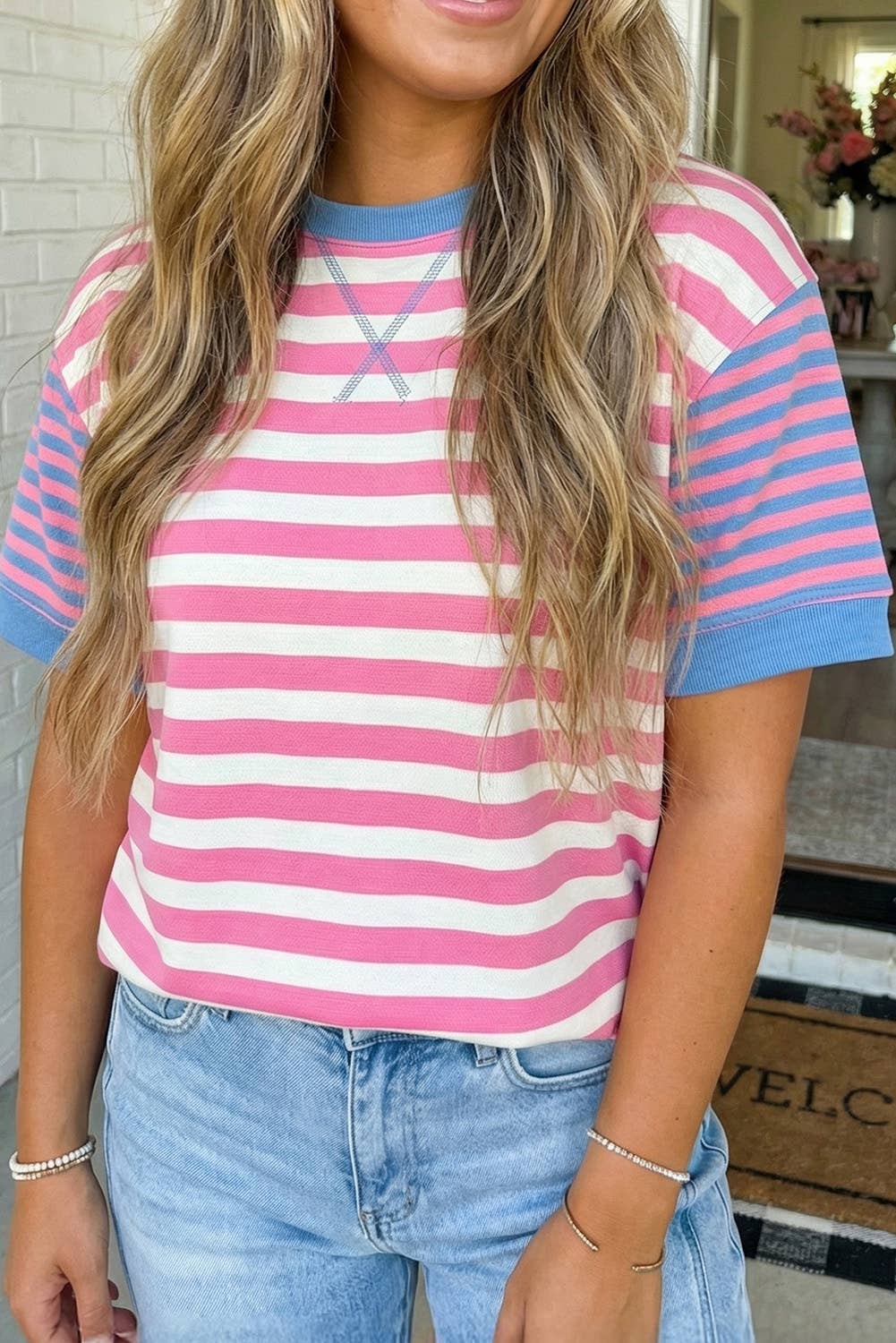 LAS Stripe Contrast Crew Neck Tee (S-XL): Pink Stripe / Missy / S